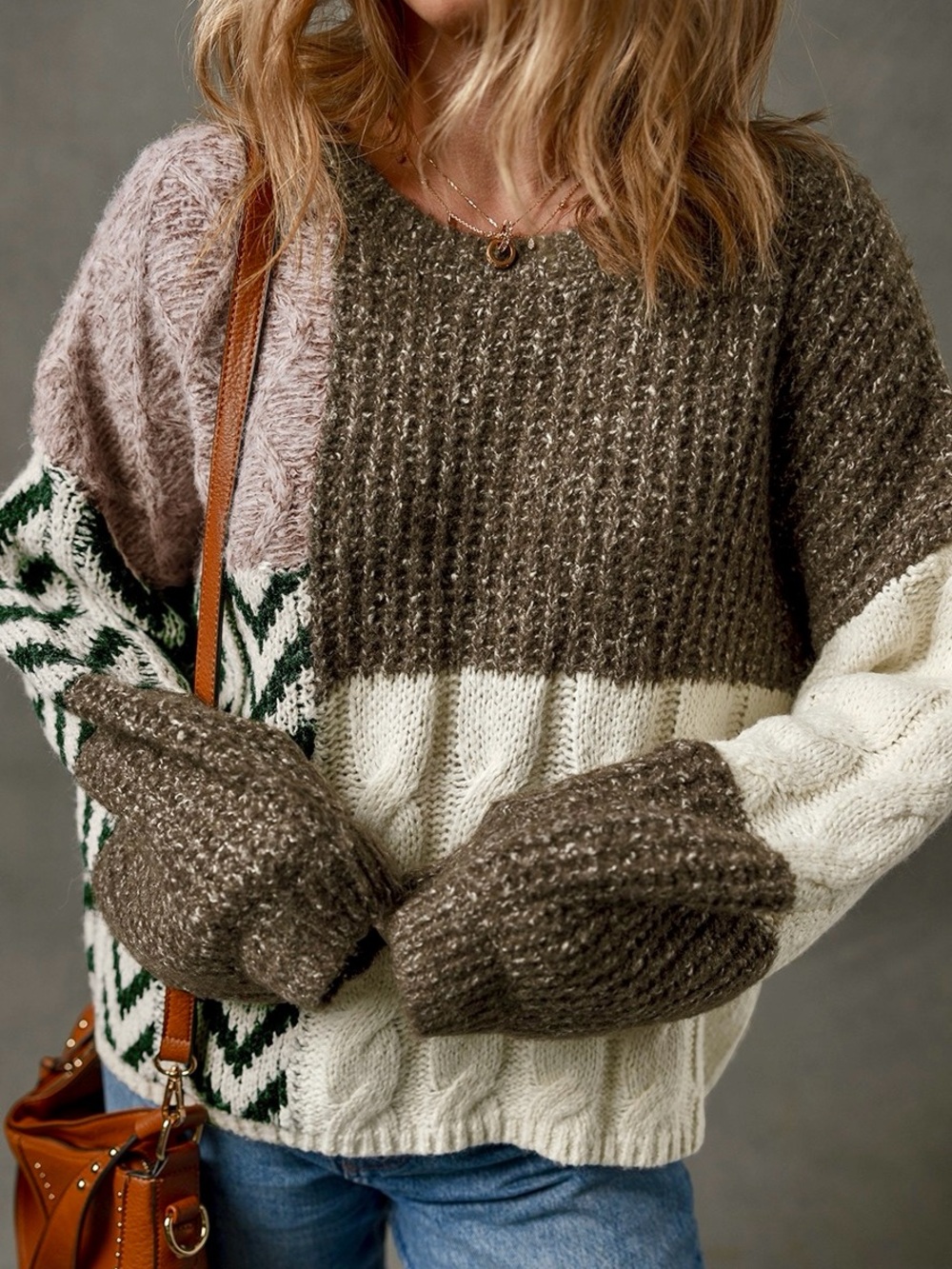 💕Cozy Colorblock Cable Knit Sweater - Taupe, Cream & Pink
